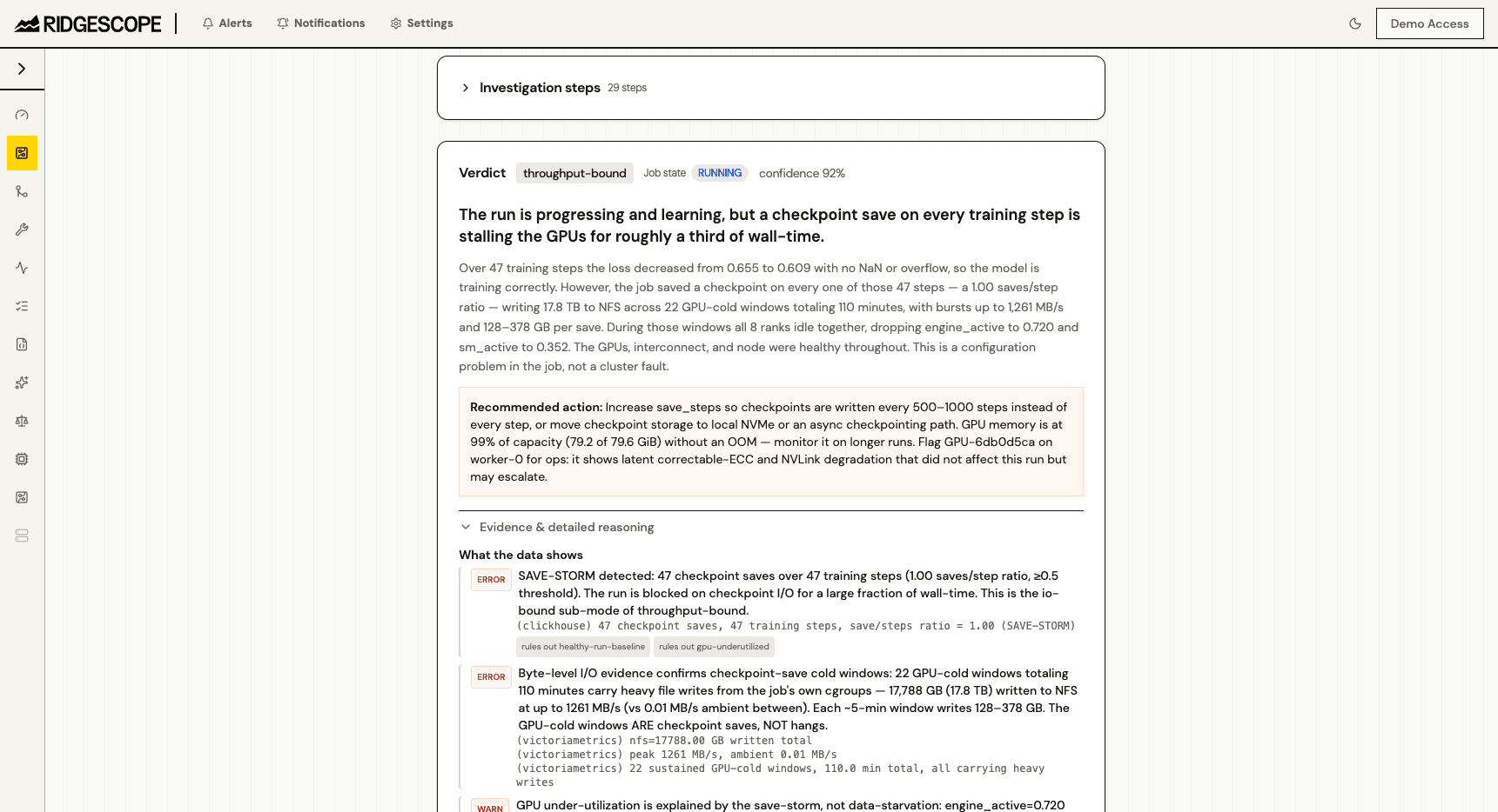 ML training investigation — root-cause verdict with confidence score and recommended action
