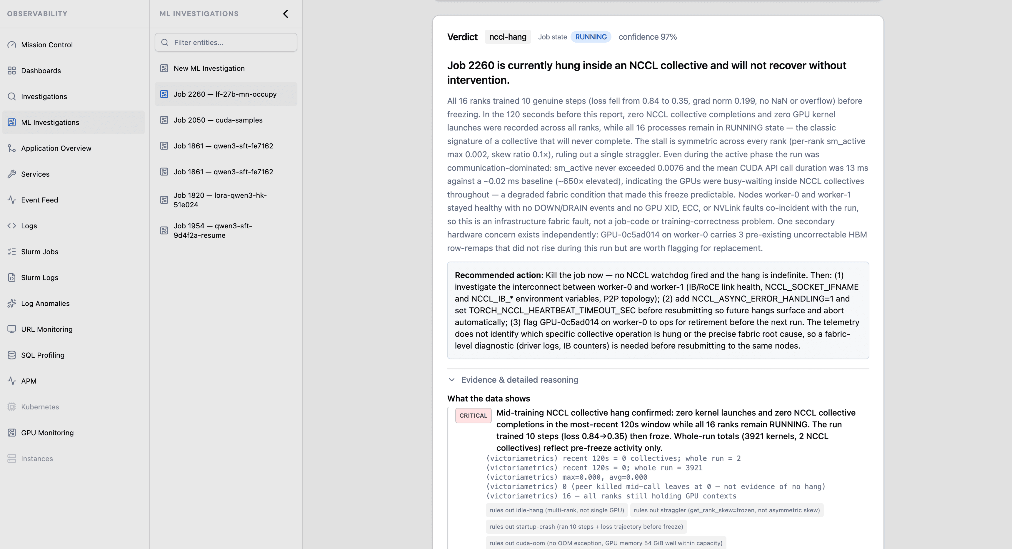 ML Investigation report — root-cause verdict with cited evidence