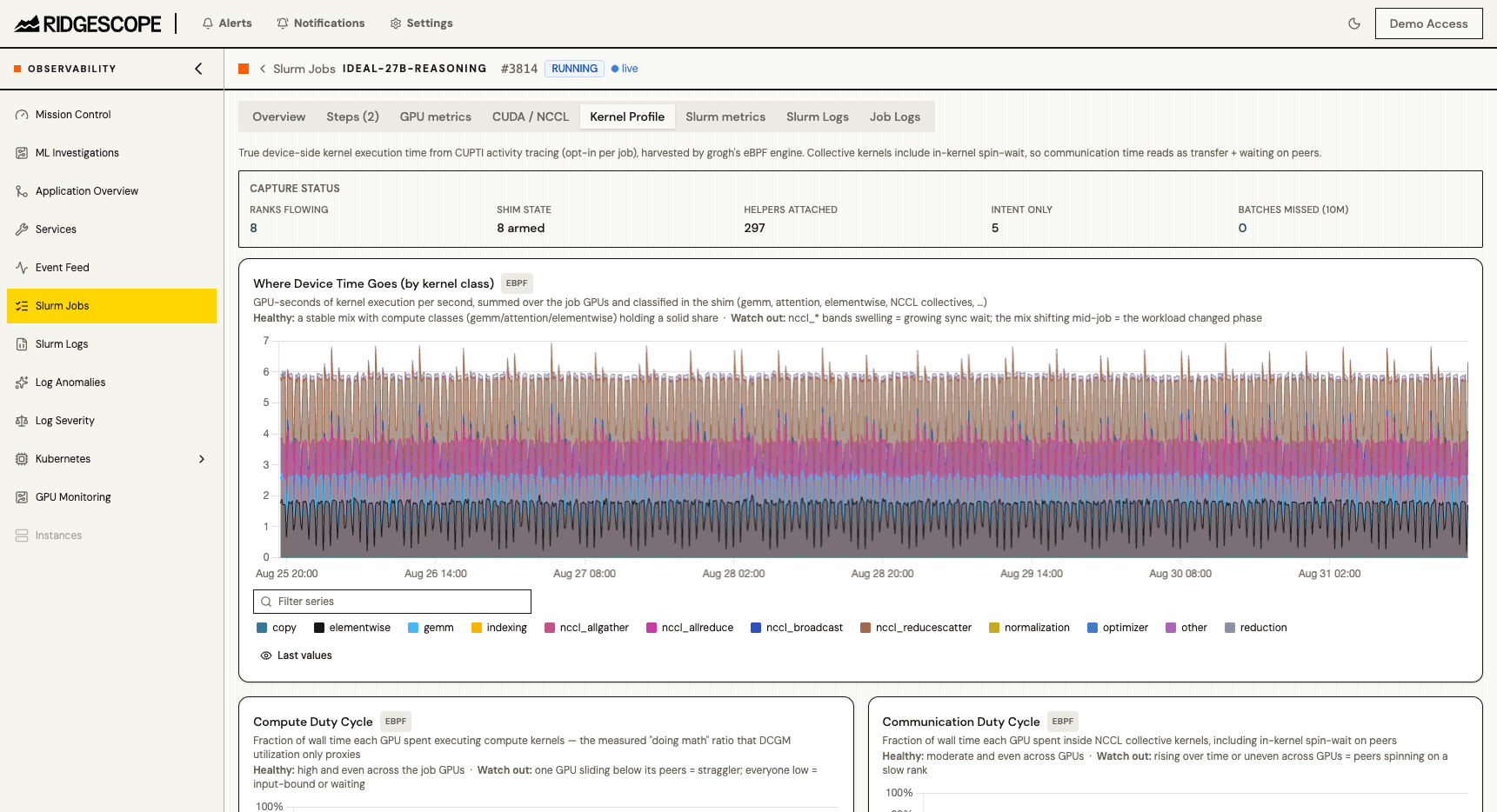 Kernel Profile tab — device-side kernel timing for one training job