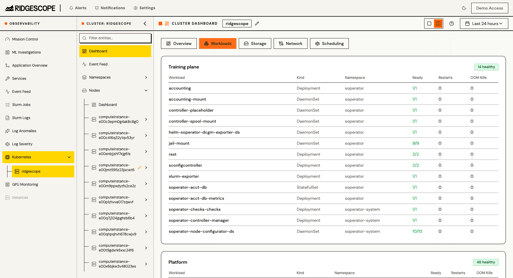 Kubernetes cluster dashboard — training-plane and platform workloads with readiness and restarts